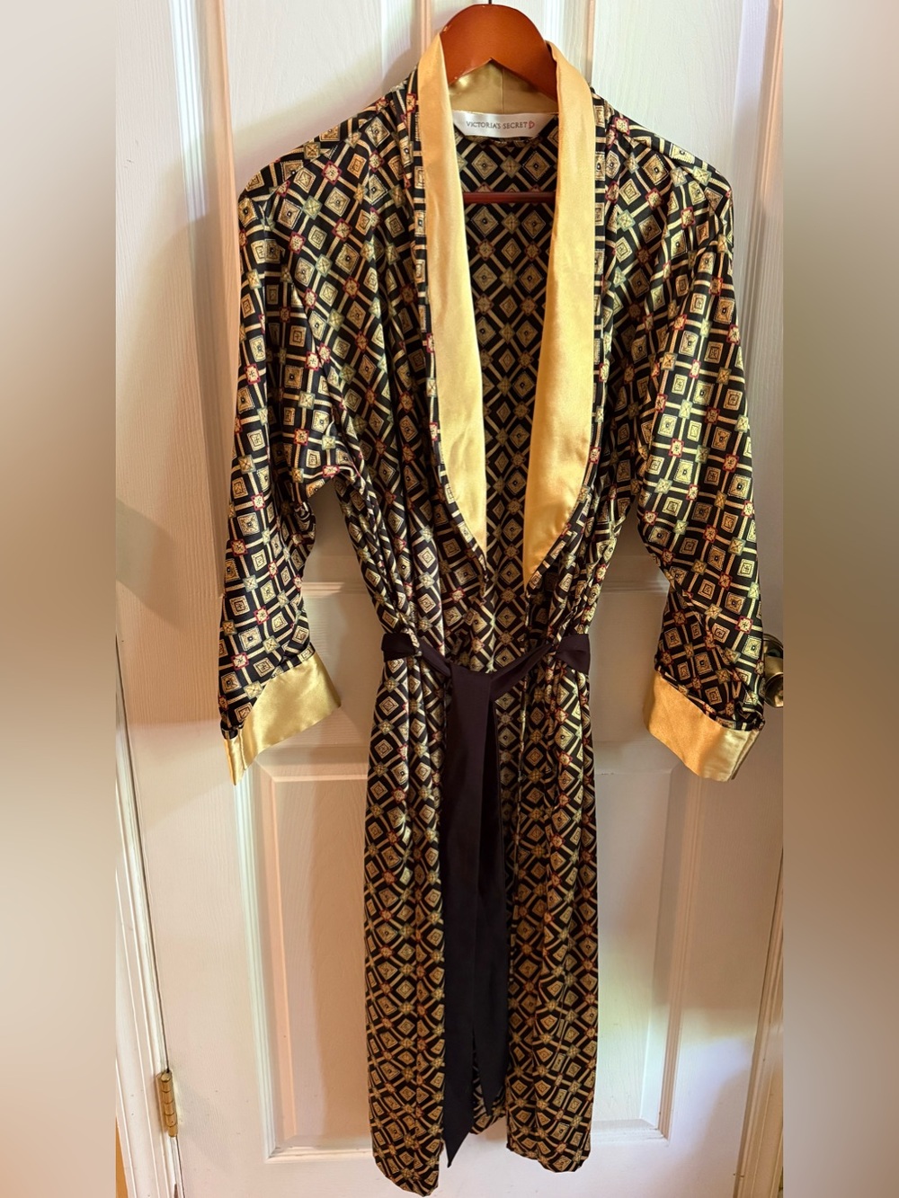 Vintage Victoria's Secret ROBE Geometric Gold Black S Polyester Satin Y2K 90’s